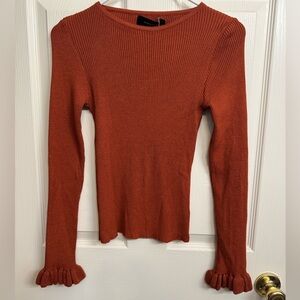 Maria Filó Burnt Orange Thin Knit Sweater with Ruffle Cuffs | NWT | Size M